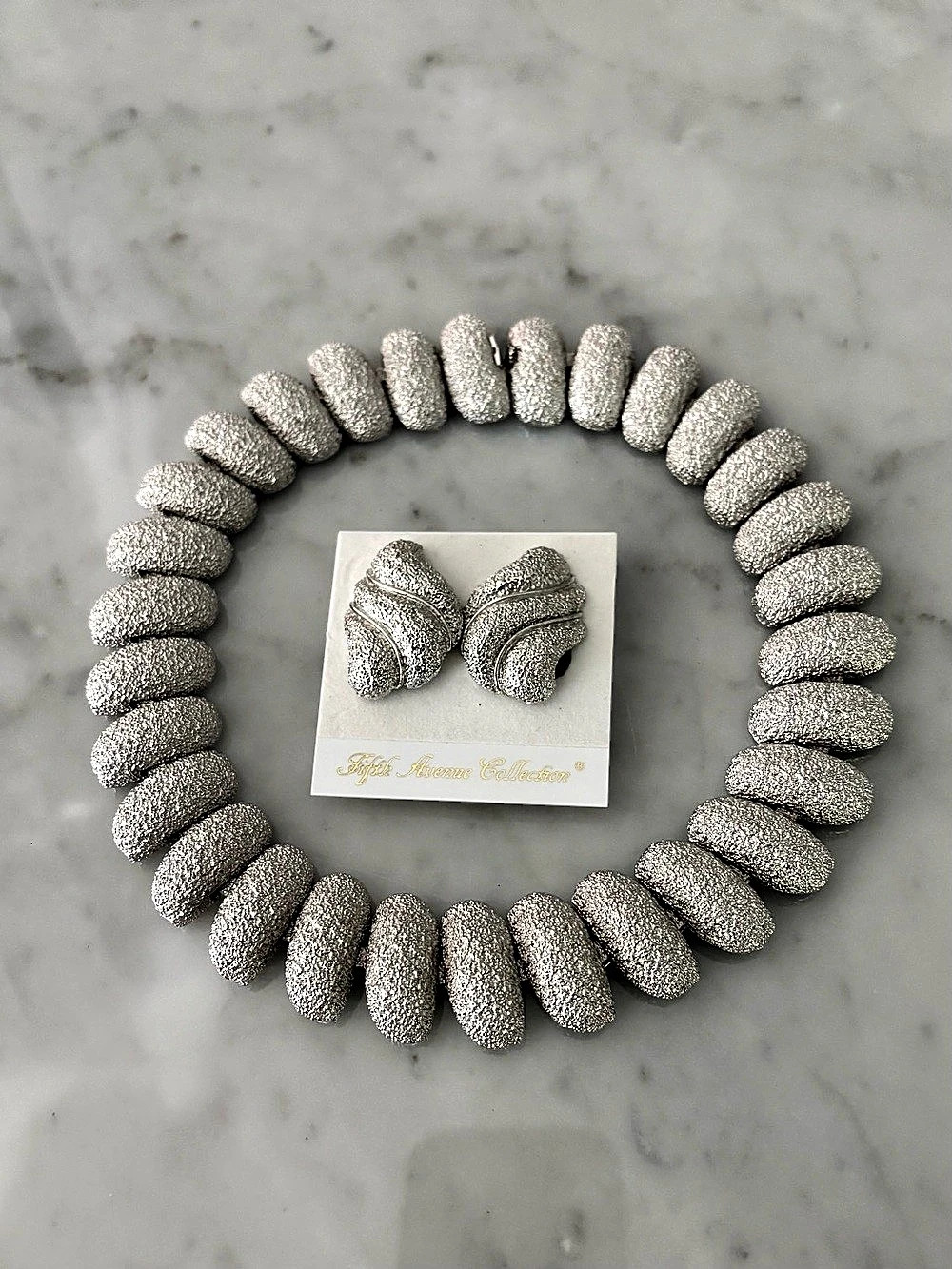 Fifth Avenue Collection Frost Textured Silver Necklace & ClipOn Earring Set NIIB